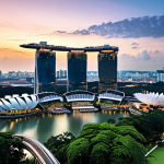 **Singapore's Futuristic Skyline:** "A hyperrealistic, panoramic view of Singapore's skyline at dusk. Highlight the modern architecture, Marina Bay Sands, and lush greenery. Emphasize a clean, orderly, and vibrant 'Garden City' aesthetic."