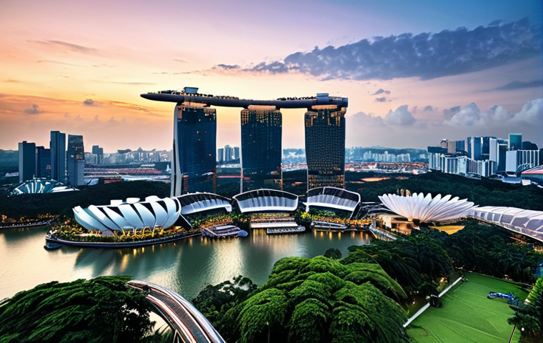 **Singapore's Futuristic Skyline:** "A hyperrealistic, panoramic view of Singapore's skyline at dusk. Highlight the modern architecture, Marina Bay Sands, and lush greenery. Emphasize a clean, orderly, and vibrant 'Garden City' aesthetic."