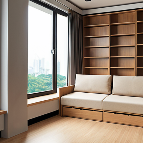 Home 8 **Image Prompt:** A Singaporean apartment interior showcasing clever space-saving solutions: multi-functional furniture (sofa bed), hidden storage compartments, and vertical shelving, bathed in natural light from large windows.