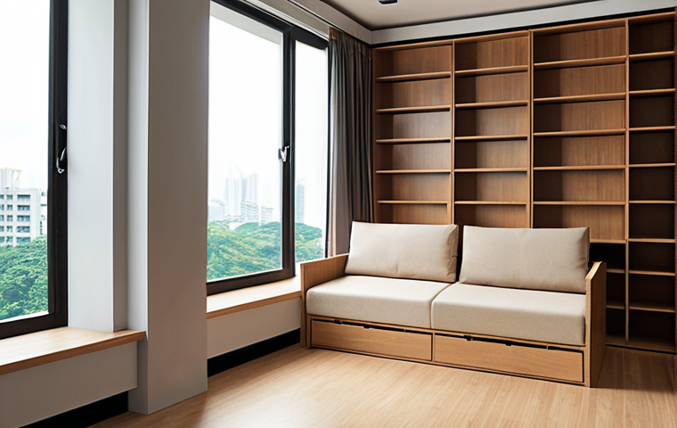**Image Prompt:** A Singaporean apartment interior showcasing clever space-saving solutions: multi-functional furniture (sofa bed), hidden storage compartments, and vertical shelving, bathed in natural light from large windows.