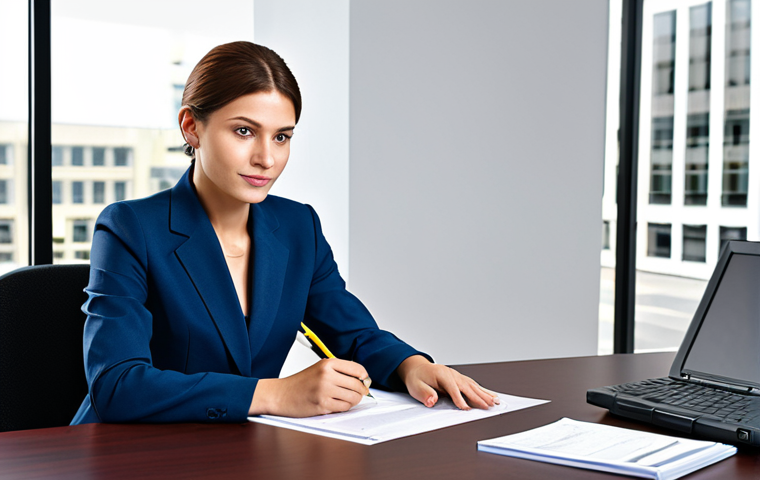 싱가포르 베이비시터 서비스 - Professional Woman in Office**
"A professional businesswoman in a modest business suit, sitting at ...