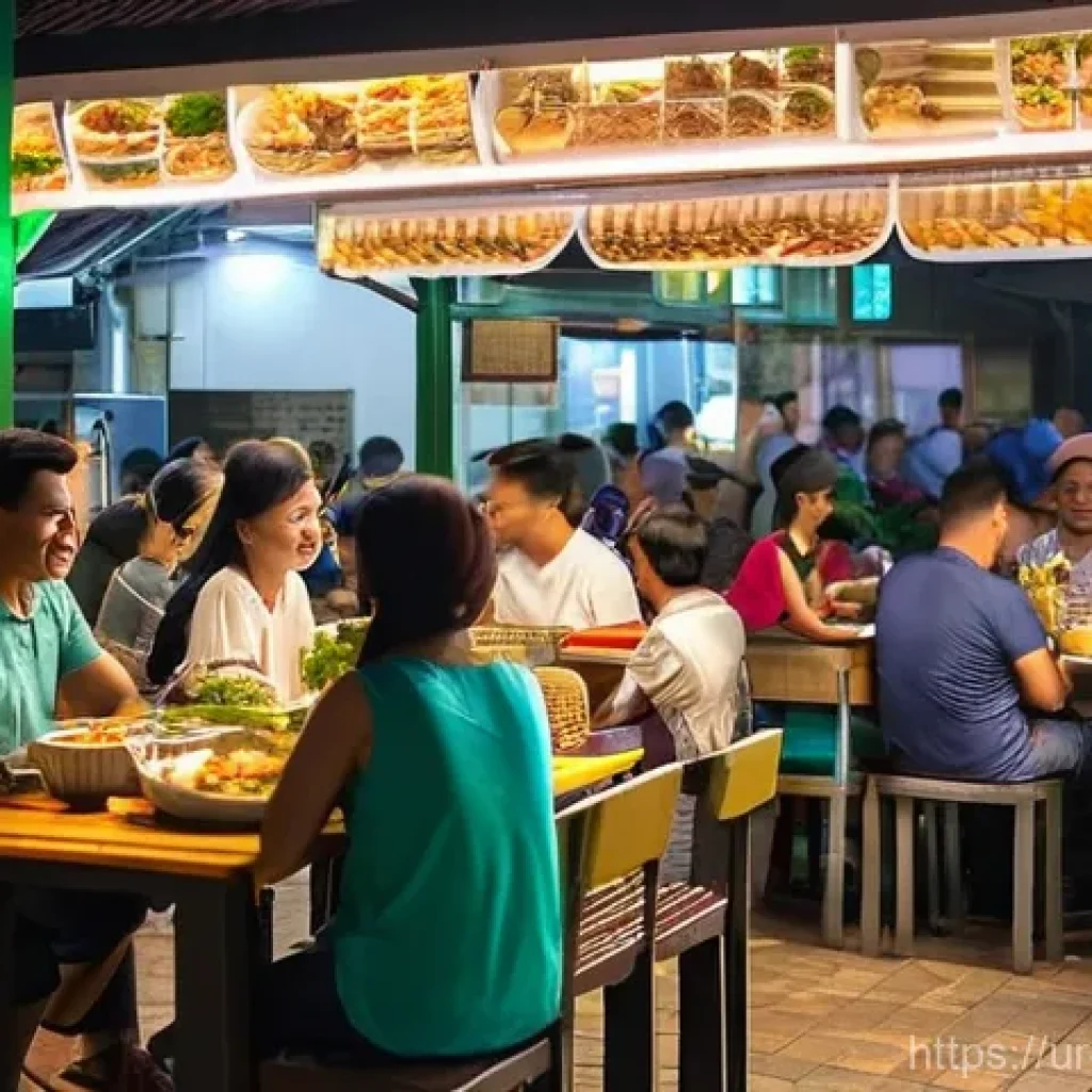싱가포르 여행 예산 짜기 - **Prompt 1: Bustling Singaporean Hawker Centre at Dusk**
    A vibrant and clean scene inside a Sing...