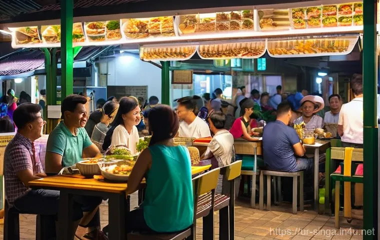 싱가포르 여행 예산 짜기 - **Prompt 1: Bustling Singaporean Hawker Centre at Dusk**
A vibrant and clean scene inside a Sing...