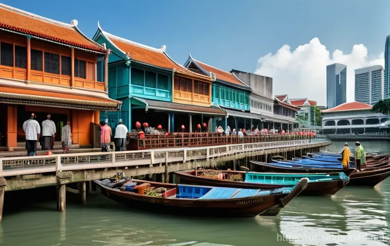 싱가포르 한강처럼 넓은 강 - **Prompt:** "A vibrant and historically rich scene along the Singapore River during its bustling tra...